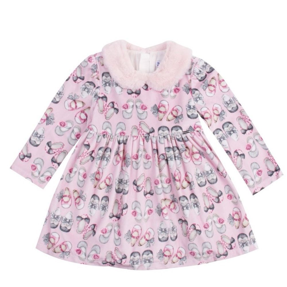 Mayoral Infant Baby Girls Rose Pink Faux Fur Collar Pattern Dress. 12 Months.